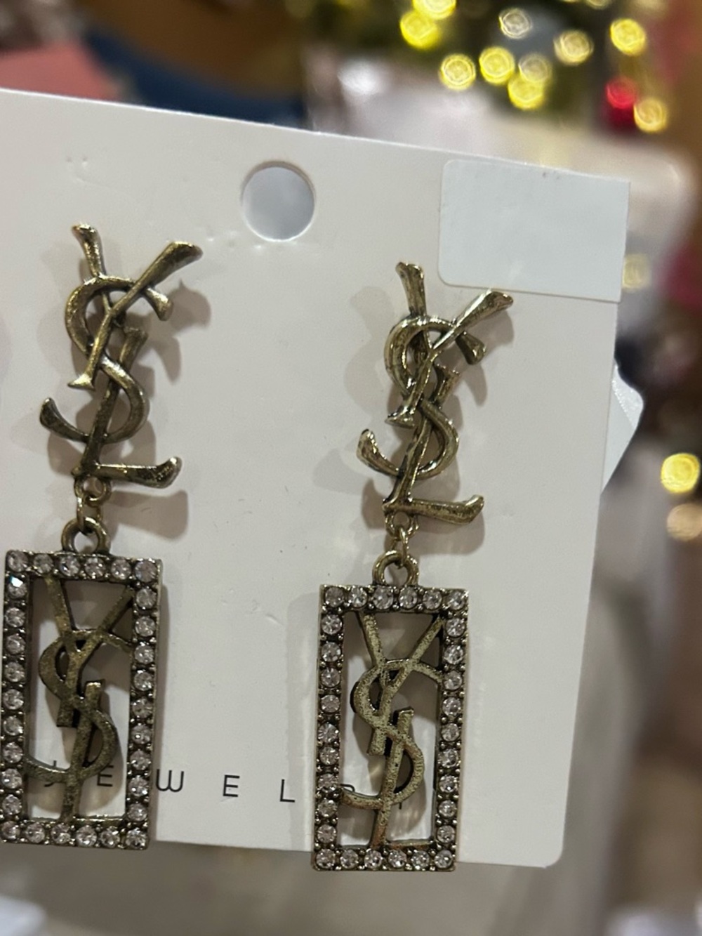Fashion Jewelry Gold-tone Logo Drop Earrings with Clear Crystals - Picture 9 of 9